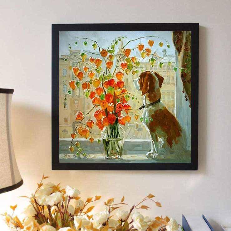 Diamond Painting Hund & Blumen Kreuzstich Handarbeit Heimdekorativ Vollrunde Diamantstickerei 30x30CM