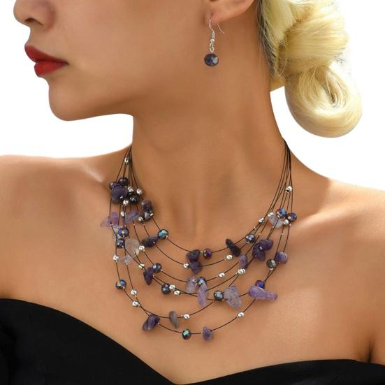 1 Set Frauen Halskette Ohrringe Set Mehrschichtige Halskette Stein Dekor Böhmischen Stil Hals Ohr Schmuck Hängende Ohrringe Halskette Set violett