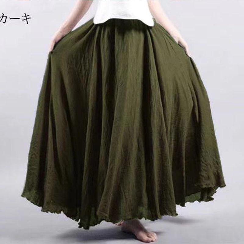 Sommer Herbst Damen Rock Literarisch Große Baumwolle Leinen Halbrock Elastische Taille Leinen A-Linie Rock Langer Abschnitt Reine Farbe Wind Swing Rock L armee grüne
