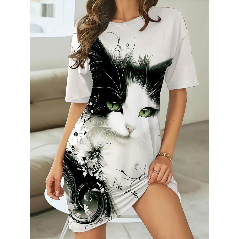 Katzen-Print Lässige Homewear Damen Nachthemd Kurzarm Kleider Lockerer Sitz Nachtwäsche Hauskleidung Loungewear Kleider 5XL black