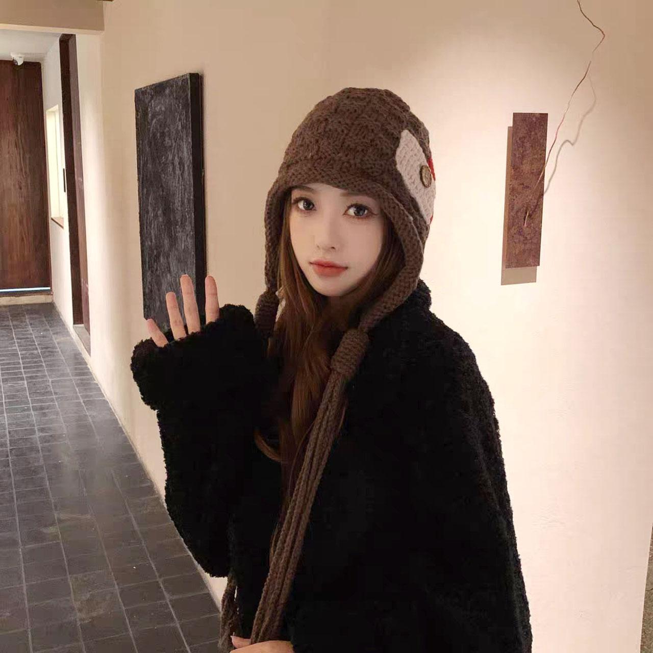 Neuer Damen Woll Quasten Strickhut Mode Patchwork Winter Warm Häkel Ohrenklappen Mützen Koreanisches Mädchen Kältefest Pullover Beanies Mütze kaffeebraun