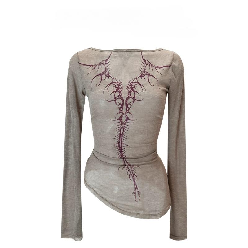 2KWEIRD Vintage Damen T-Shirts Langarm O-Ausschnitt Print Tees Mode Casual Tunika Tees Y2k Oberteile Koreanisches Crop T-Shirt Shirts für Damen S