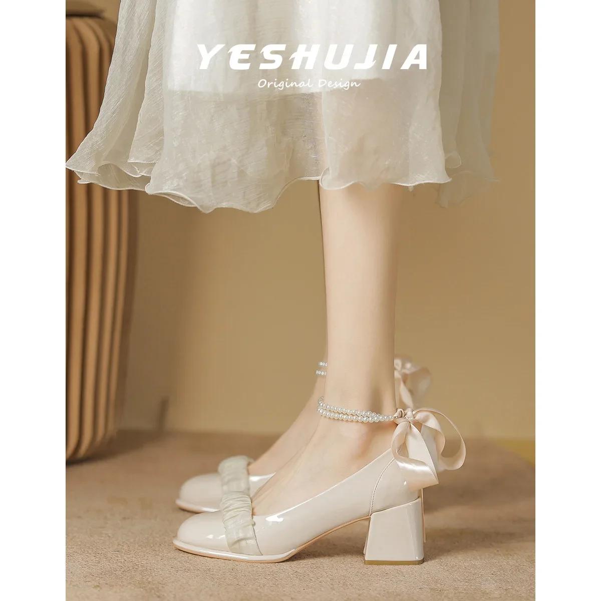 Mary Jane Damenschuhe  Neu Frühling Herbst Mesh Schmetterlingsknoten High Heels Flacher Ausschnitt Einzelner Schuh High Heels  Mujer 40 apricot