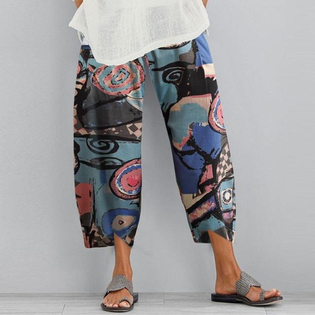 Frauen Vintage Harem Hosen Blumen Druck Elastische Taille Plus Größe Lose Hosen Baumwolle Leinen Breite Bein Hose Lose Sommer Hosen S blau