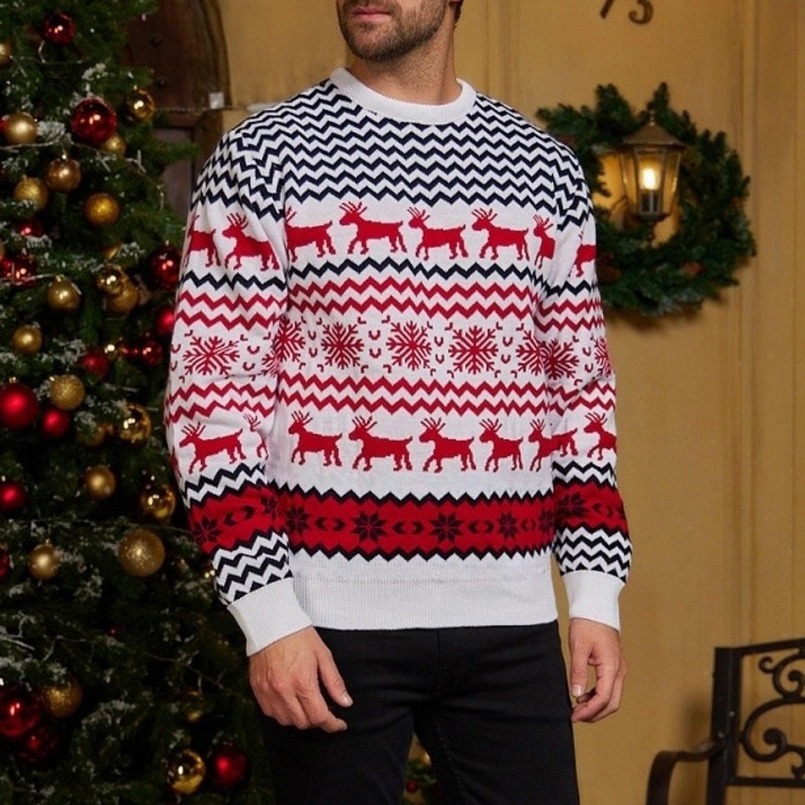 Herrenmode Weihnachtspullover Top Warmer Pullover Rundhals Langarmpullover XL weiß