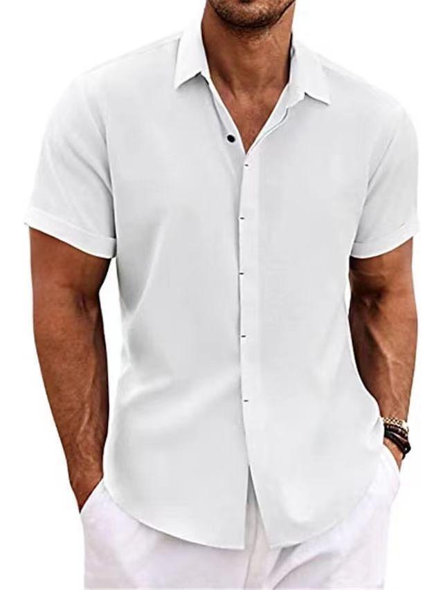 Herren Baumwolle Leinen Hemden Kurzarm Button-Down Freizeit Hemd Sommer Strand Hochzeit Hemd XXL weiß