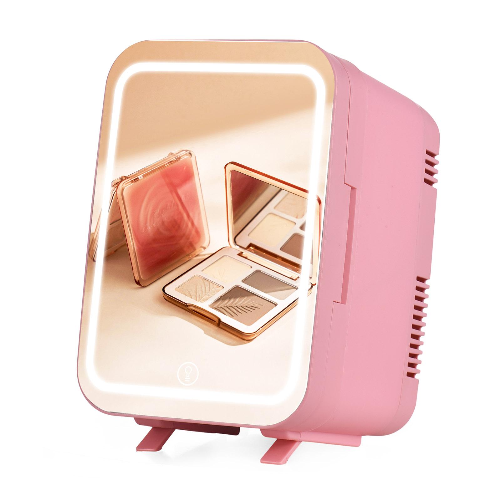 Aoresac Mini-Kühlschrank, 4 l Fassungsvermögen, tragbarer Kühler und Wärmer, Hautpflege-Kühlschrank mit dimmbarem LED-Spiegel EU Plug rosa