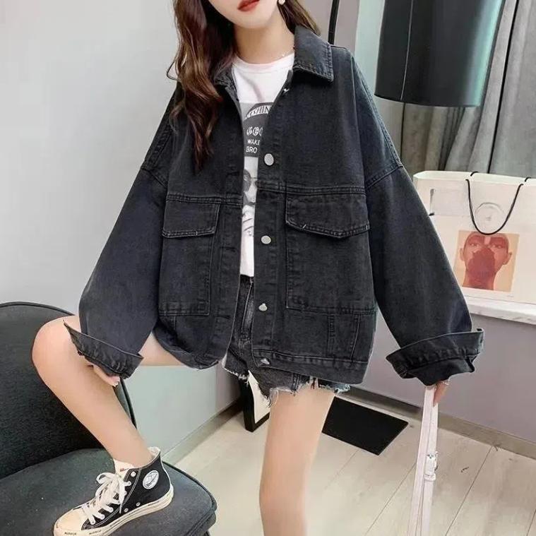 Frühlings- und Herbst-Cowboymantel Damen Bestickt Locker Koreanischer Hafenstil Mantel Mantel S schwarz