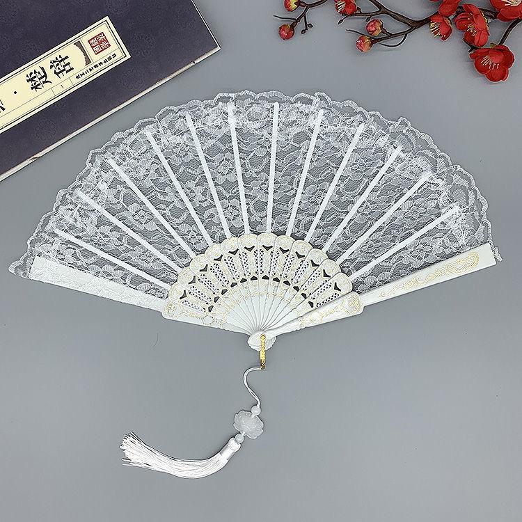 Europäischer Stil, Retro Spitze Spitze, Fächer für Damen, Sommer, Orchideen-Fächer, Tanzaufführung, Foto-Requisiten, Faltfächer Fan with tassel weiß