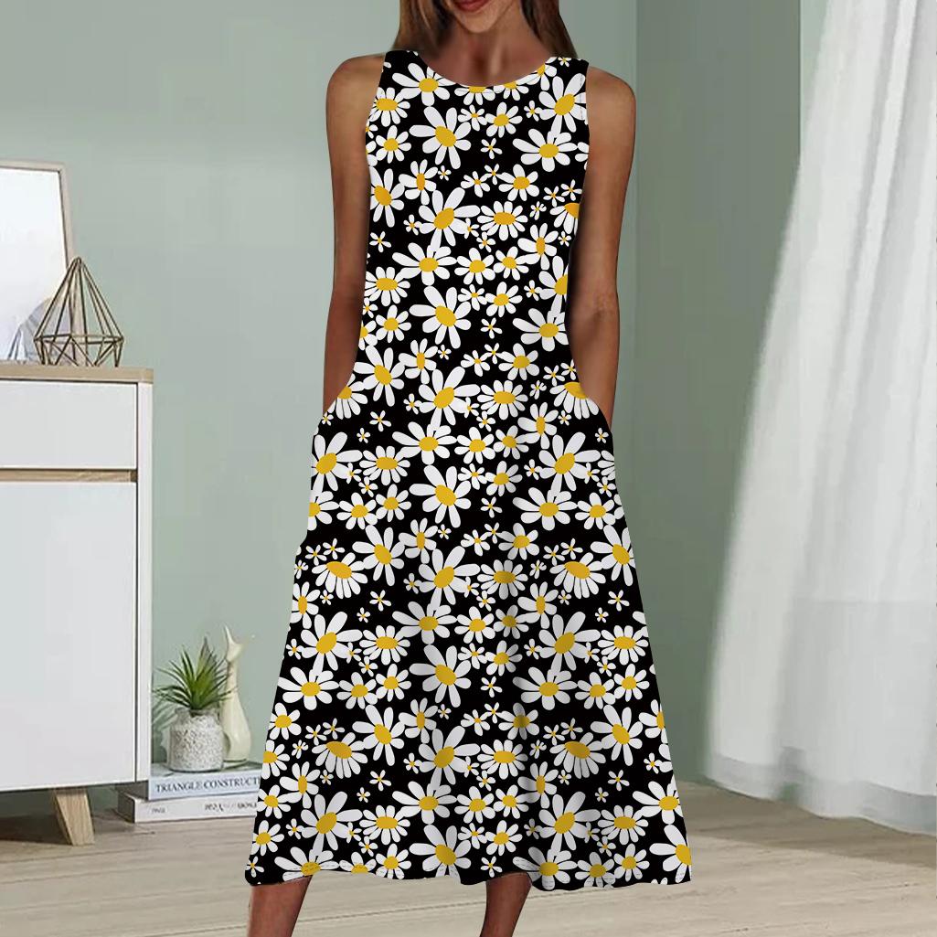Sommermode Sexy Ärmelloses Kleid Weiches Lässiges Kleid mit 3D-Gänseblümchen-Print Ärmelloses Sling-Kleid 8XL schwarz