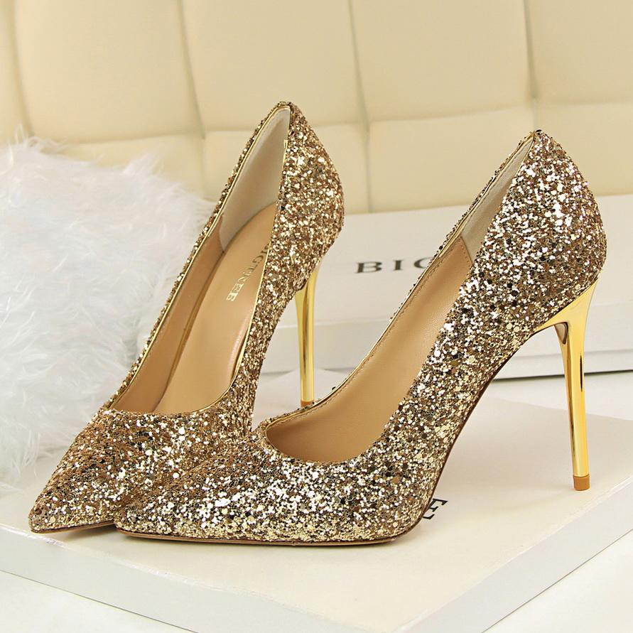 Mode 2025 Damen 9,5 cm Hohe Absätze Übergröße 43 Stripper Glitzer Scarpins Luxus Pumps Stiletto Hochzeit Braut Gold Silber Fetisch Schuhe 41 gold