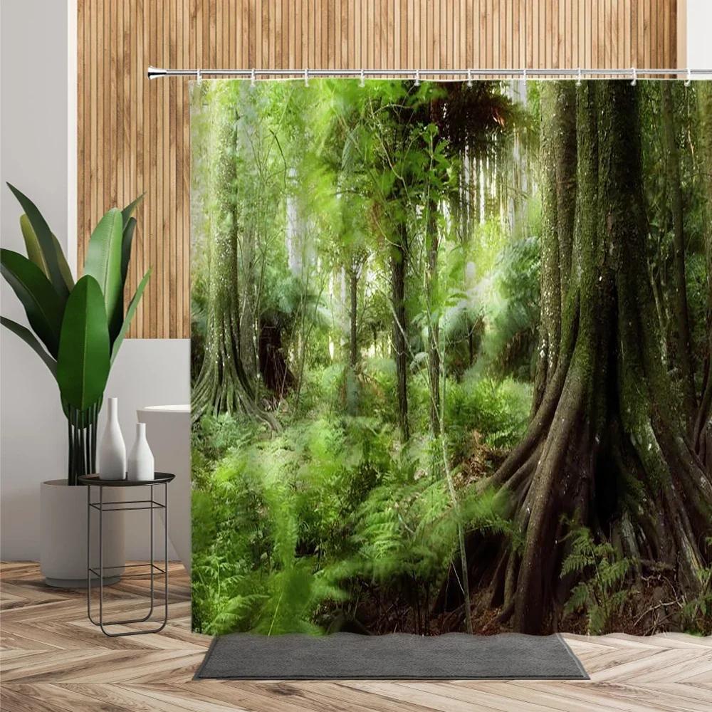 3D-Duschvorhang mit tropischem Wald, natürlicher Landschaft, wasserdicht, grüne Bäume, Moos, tiefer Wald, Badezimmer-Trennwand, Badevorhang W108H214(CM)-1 Pcs