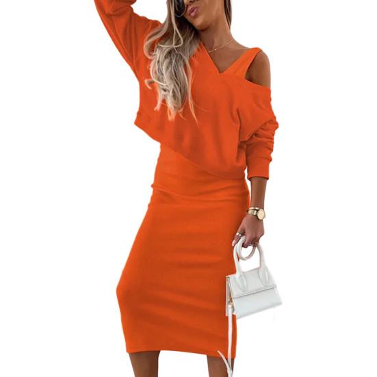 2-teiliges Damen-Sweatshirt-Kleid-Set mit V-Ausschnitt, locker, weich, dick, warm, einfarbig, kurzes Oberteil, ärmellos, schmal geschnittenes Kleid, lässiges Kleid in mittlerer Wadenlänge XL orange