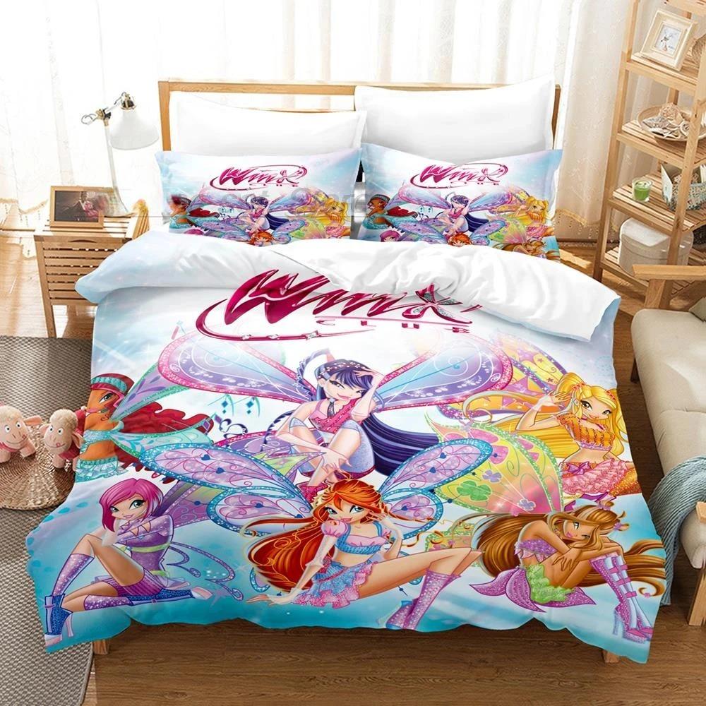 Winx Bettwäsche-Set, Einzelbett, Doppelbett, Queen-Size-Bett, King-Size-Bett, Bettbezug-Set für Erwachsene und Mädchen, Schlafzimmer, 3D-Druck, Anime, Kawaii US King 264x228cm