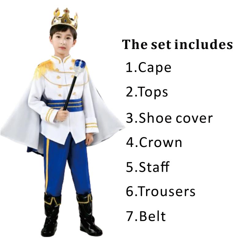 7-teiliges Karnevalskostüm für Jungen, König, mittelalterlicher Prinz, komplettes Outfit-Set für Halloween, Geburtstagsparty, Kostüm 140
