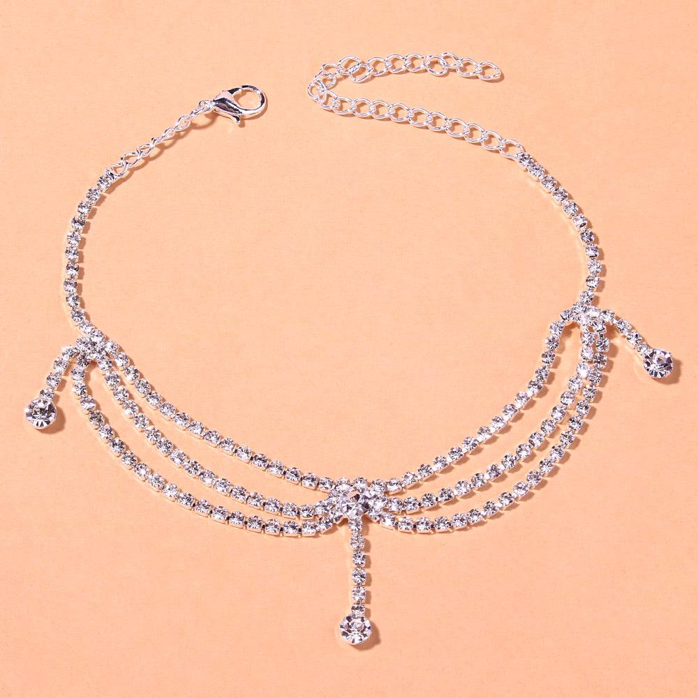 Trendiger Strass-Quasten-Mehrschicht-Fußkettchen - Europäisch-amerikanischer Stil Modeaccessoire für Frauen silber
