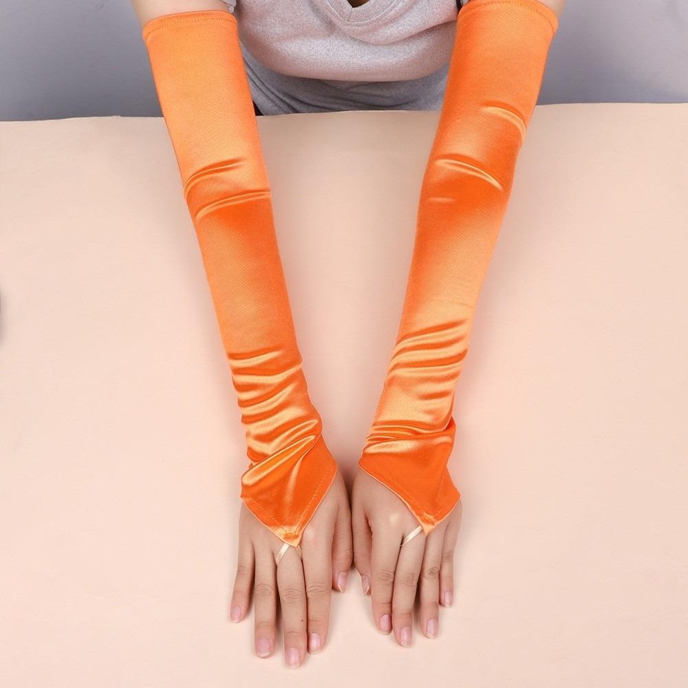 49CM Damen Handschuhe Satin Lange Fingerlose Handschuhe Neu Haken Fingerhandschuhe Hochzeit Braut orange