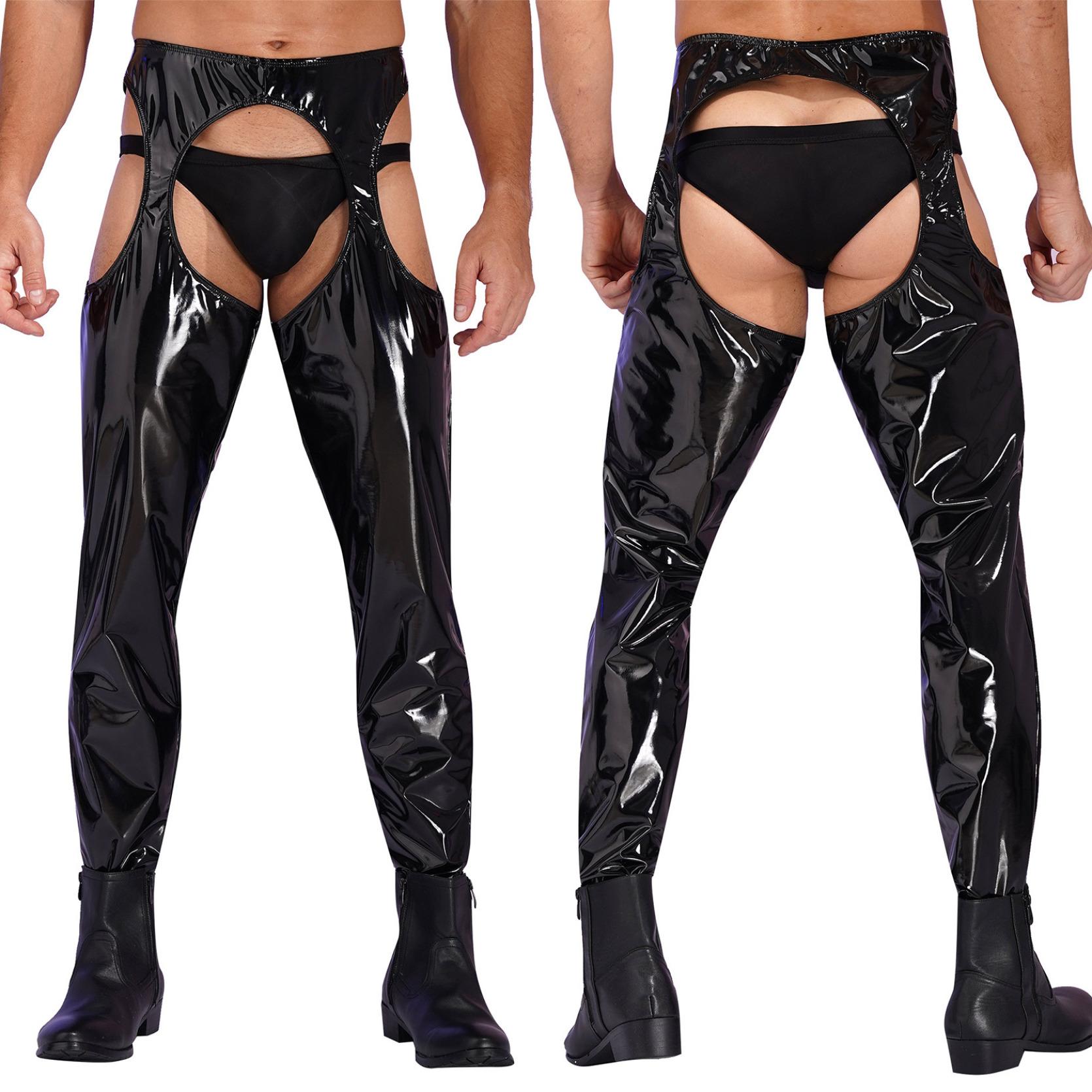 Herren-Lederhose im Wet-Look, enge Hose, Ausschnitt, schmale, lange Legging-Hose, Clubwear 3XL schwarz