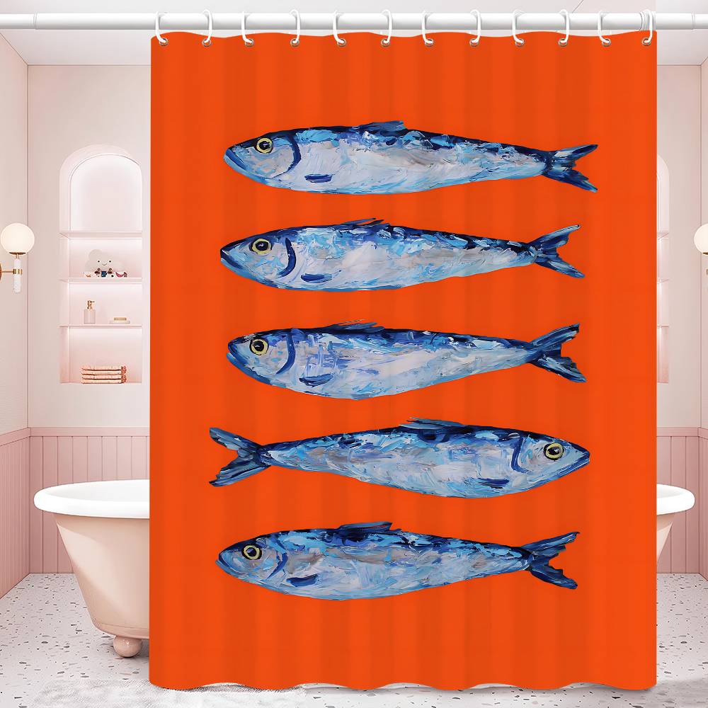 Bunte Sardine Hummer Fisch Ozean Badezimmervorhang Klassischer Anime Stoff Duschvorhang mit 12 Haken Wasserdichte Badezimmerdeko W120H180(CM)-1 Pcs