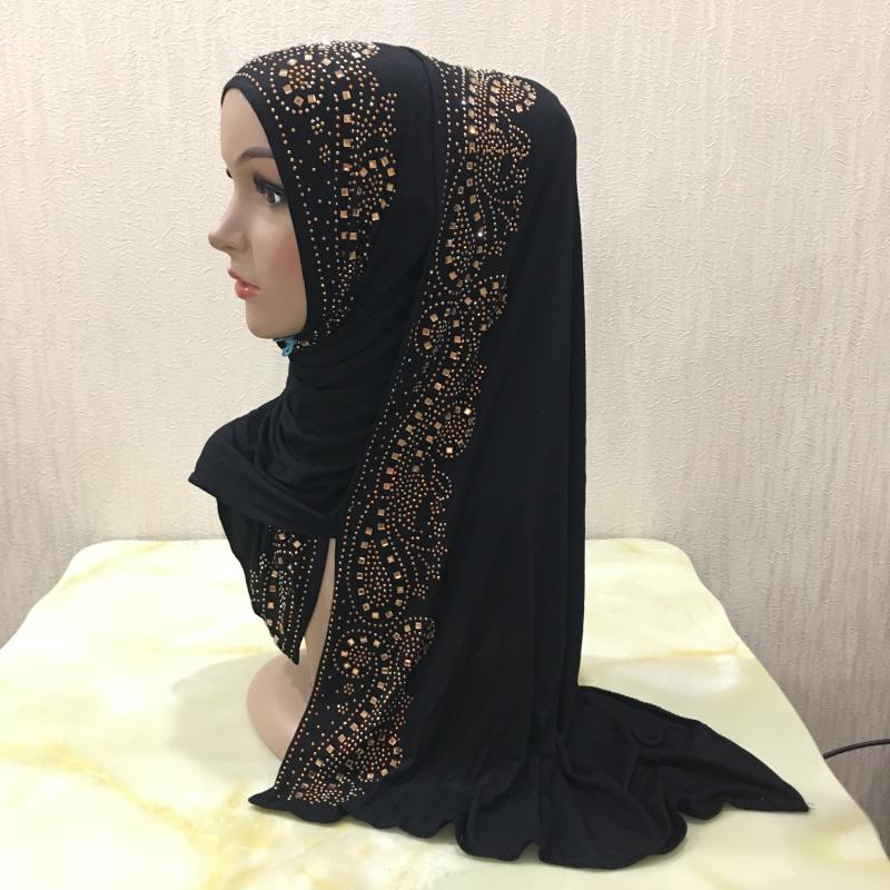 H099 hochwertiger weicher Jersey-Schal mit Steinen zum Überziehen Modal-Kopfschal Damen-Hijab islamischer Damen-Schal Kopftuch schwarz