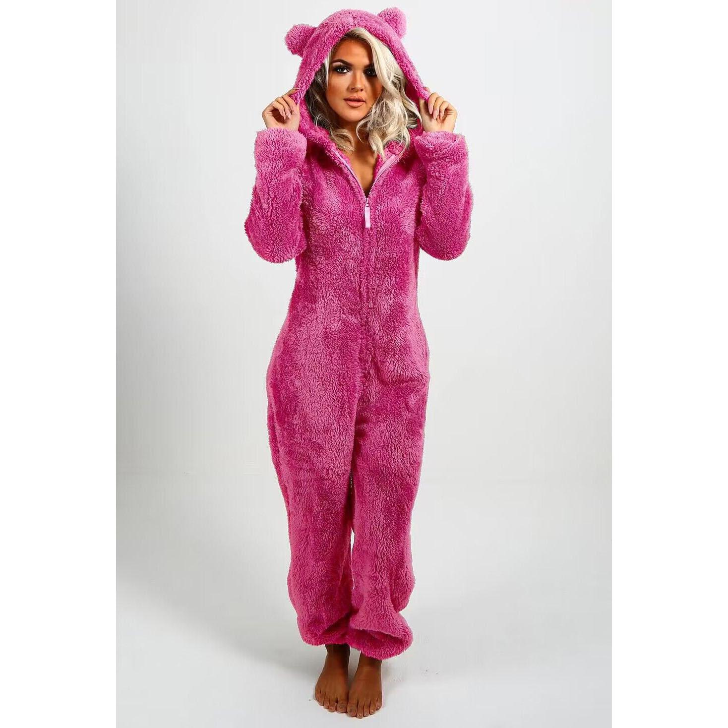 Modischer Onesies-Schlafanzug aus Fleece, Nachtwäsche, Overall, Übergröße, Kapuzen-Set, Schlafanzug für Damen und Erwachsene, für den Winter, warmer Pyjama für Damen XXL rose rot