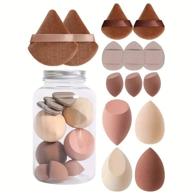 14-teiliges Make-up-Schwamm-Mixer Beauty Egg Foundation-Schwämme mit Aufbewahrungsflasche Puderquasten Kosmetische Puff Make-up Zubehör kaffeebraun