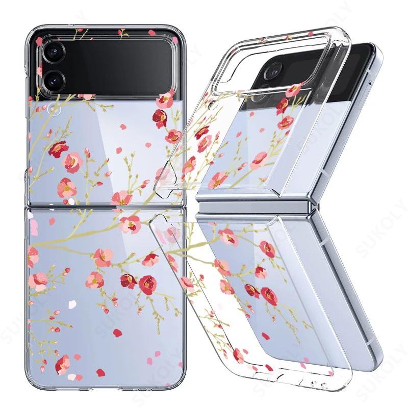 Für Samsung Galaxy Z Flip5 Flip6 Flip4 Hülle Blumenmuster Stoßfest Faltbar Transparent Abdeckung Für Samsung Galaxy Z Flip 5 4 3 For Samsung Z Flip 4 white