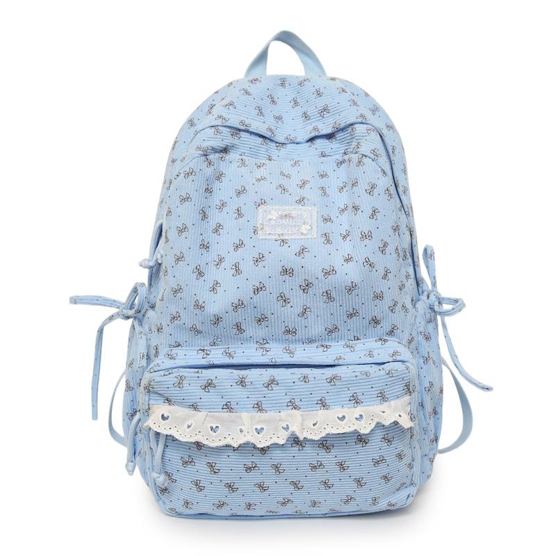Süßer Cord-Rucksack mit Schleife und Spitzenbesatz – Süße Schultasche für Damen & Mädchen – Perfekt für den täglichen Gebrauch & Reisen Small blau