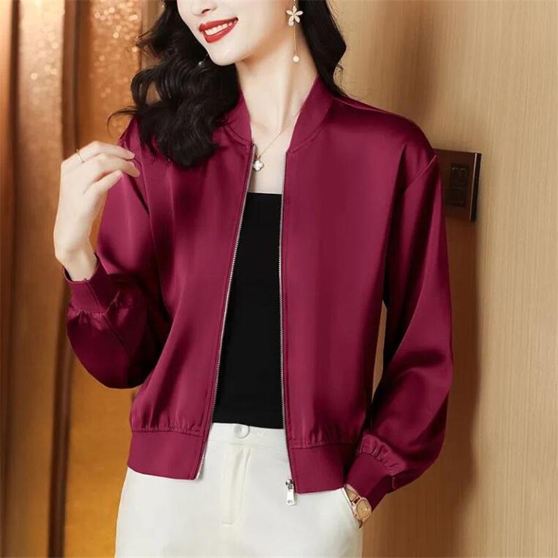 Seide Kurze Jacken Frau Mäntel Lose Satin Outwear Einfarbig Tuch Zipper Baseball Jacke Frühling Herbst Kleidung Weibliche Jacke S bordeaux