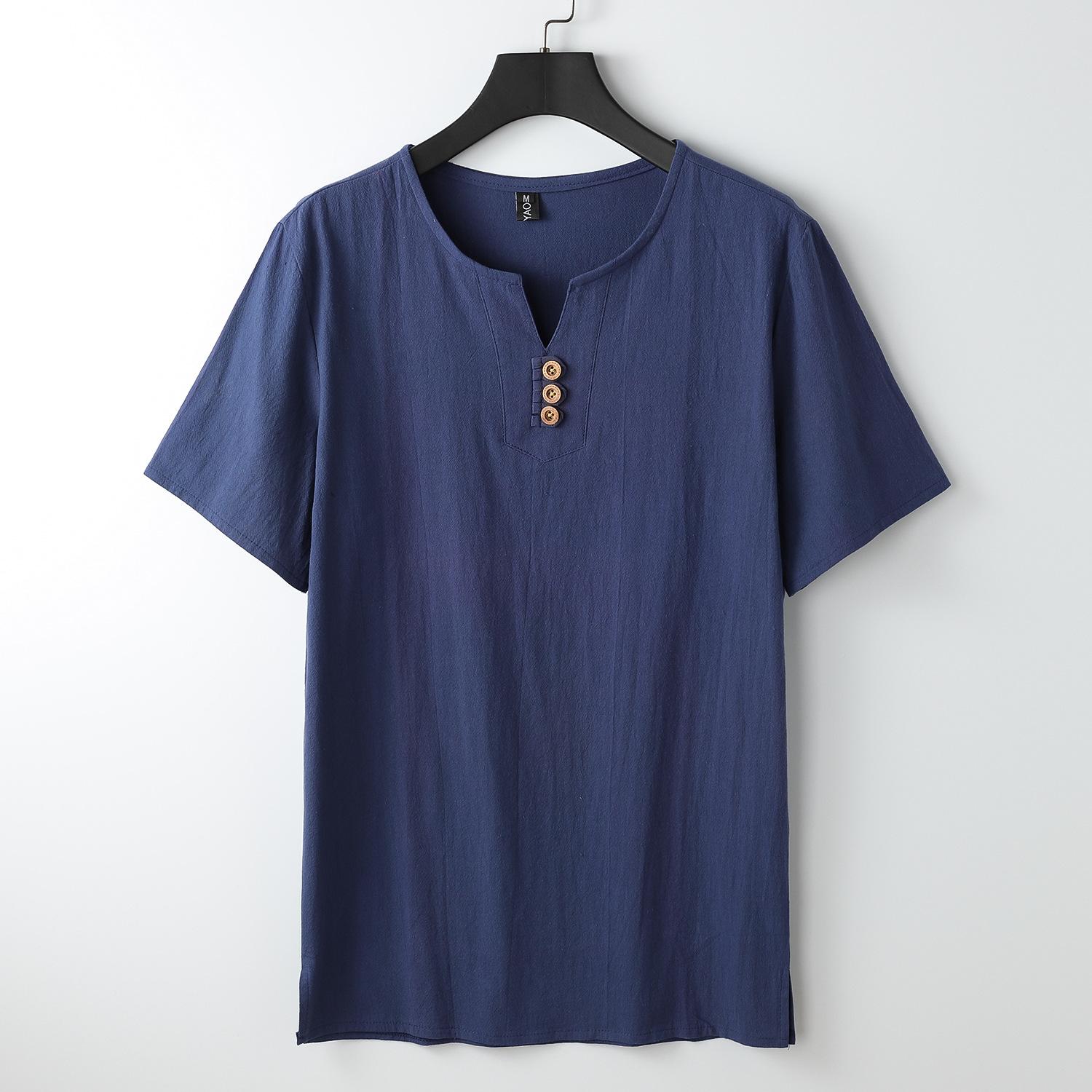 Übergröße S-9XL Leinen T-Shirt Herren Kurzarm Sommer Locker Herren Baumwolle und Leinen Chinesischer Stil Herren Scheibenknopf Oberteil XXXXXL blau
