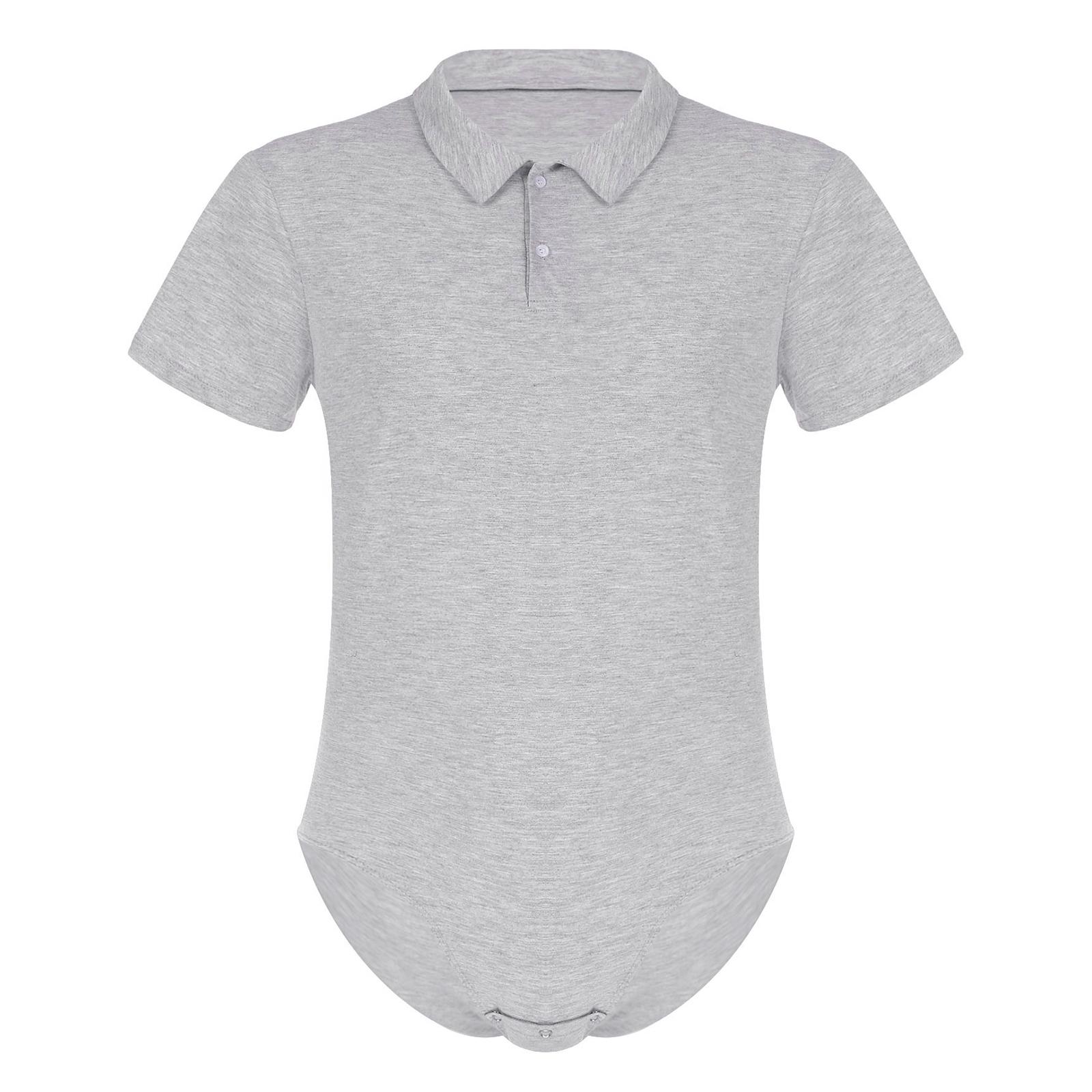 Herren Kurzarm Umlegekragen Druckknopf Schritt Hemd Tops Pyjamas Bodysuit Catsuit Männliche Unterwäsche XL grau