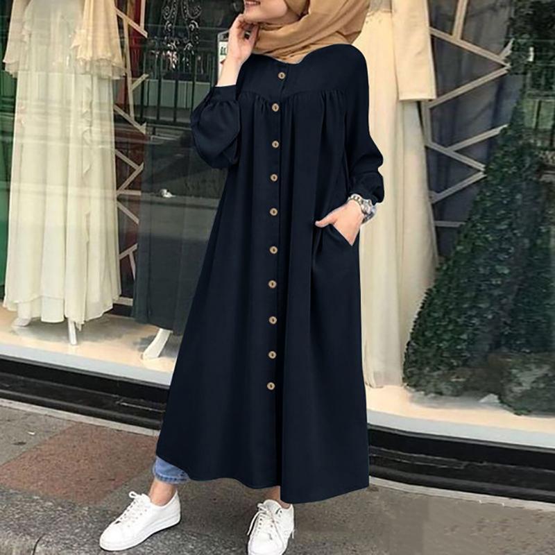 Muslimische Kleidung Frauen Kleider Einfarbig Langarm-shirt Kleid Casual Tasche Robe Musulman Dubai Muslimischen Kaftan Muslimischen Kleider XXXL schwarz