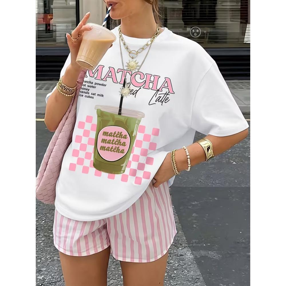 Sommer Erdbeer Matcha Druck T-Shirt Eistee Matcha Pinker Text Grafik Damen Oversized Casual T-Shirt für den täglichen Gebrauch L gray