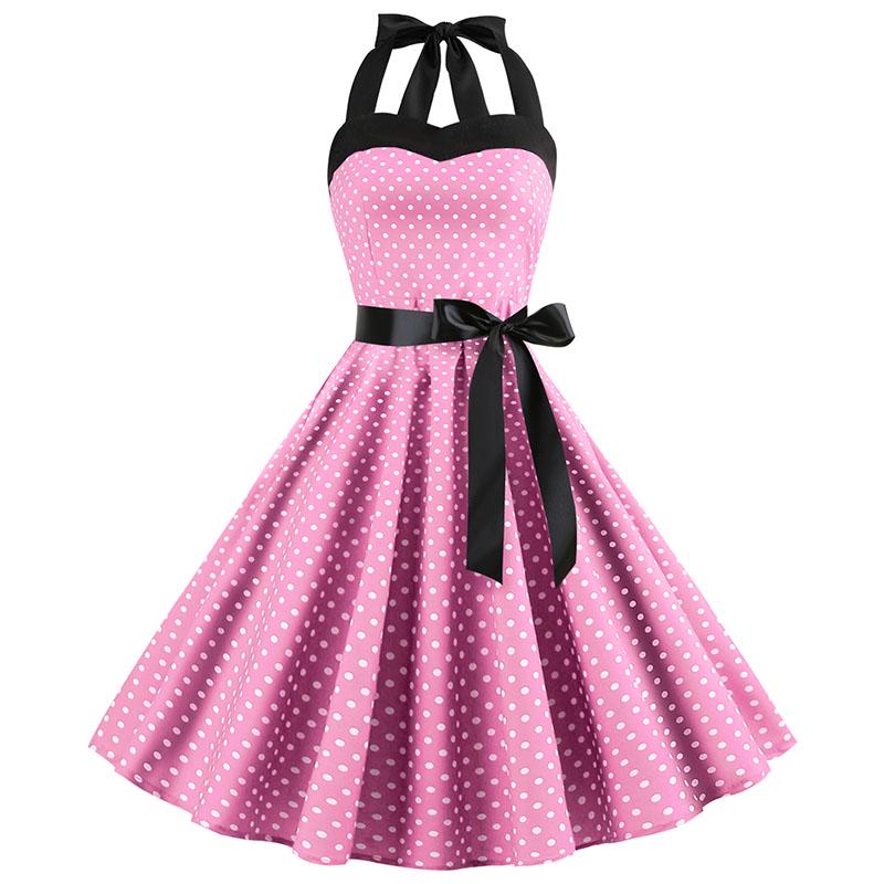 Sexy Retro Rotes Polka Dot Kleid Audrey Hepburn Vintage Neckholder Kleid 50er 60er Gothic Pin Up Rockabilly Kleid Plus Size Robe M pink