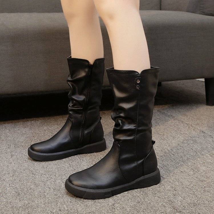 Damen PU Stiefel Herbst Winter Flache Stiefel Plus Samt Ritter Stil Stiefel Reißverschluss Lederschuhe 39 schwarz