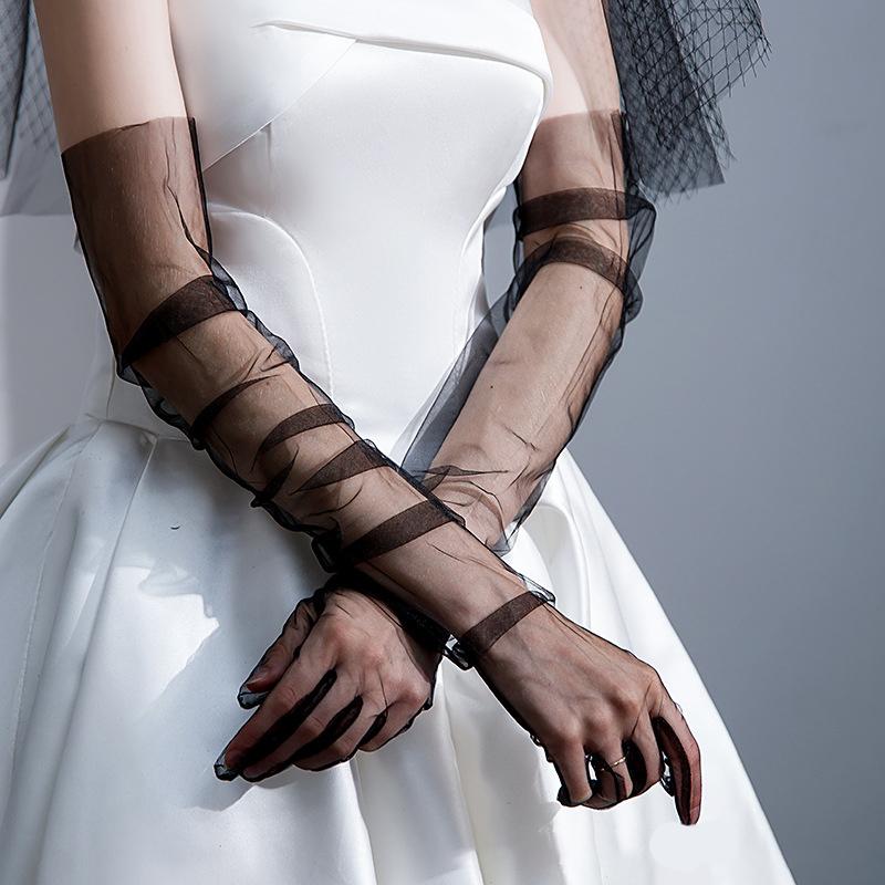 70cm Damen Lange Ultra Dünne Handschuhe Tüll Ellbogen Hochzeit Party Brautkleid Fäustlinge Durchsichtig Transparent Vintage Schwarz Weiß Netzhandschuh white