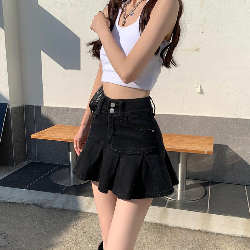 Schwarz Denim Röcke Frauen Mini Hohe Taille Gefaltete Röcke Sommer Damen Kleidung Sexy Kurze Röcke Koreanische Mode Böden Streetwear L schwarz