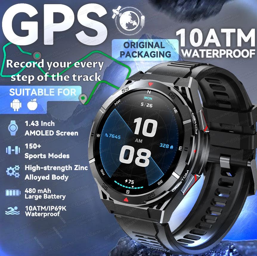 2025 Neue GPS Sport Smartwatch Herren 1,43 Zoll HD AMOLED Bildschirm Kompass Bluetooth Anruf Herzfrequenz Wasserdicht Smartwatch Für Android IOS Silicone Belt schwarz