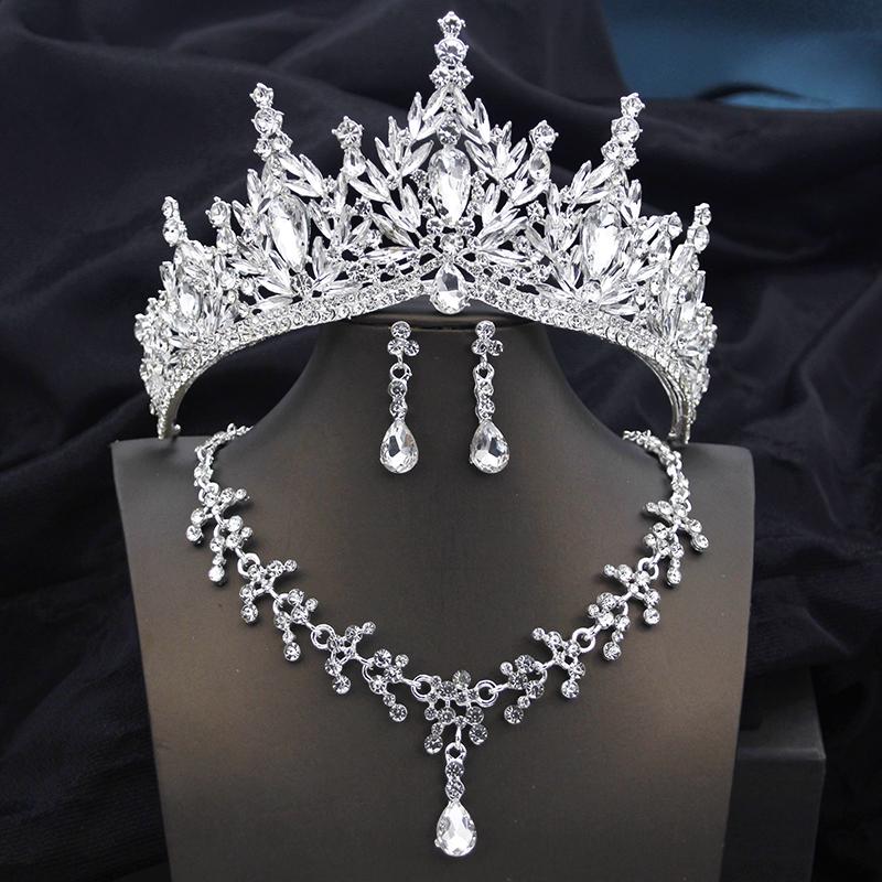 Königin Braut Schmucksets für Damen Rosa Diadem Brautkleid Krone Mit Halskette Ohrring Set Party Geburtstag Kostüm Zubehör gray