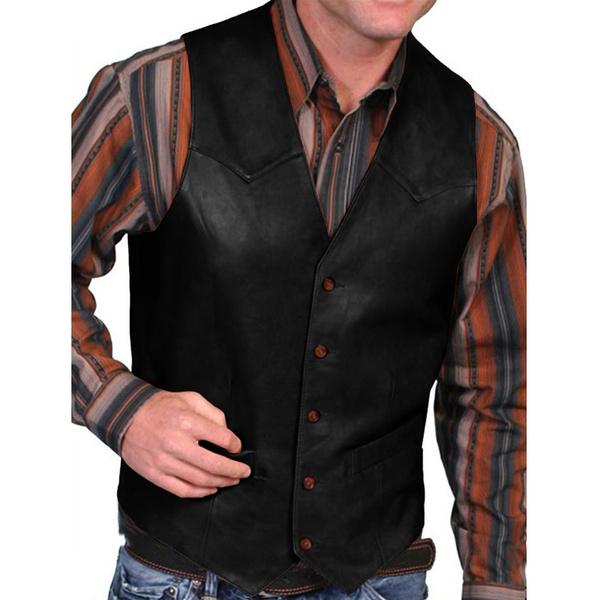 Weste für Herren Mode Western Leder Cowboyweste für Herren Frühling Herbst Oberbekleidung Kunstleder Weste Weste Mantel Übergröße S schwarz