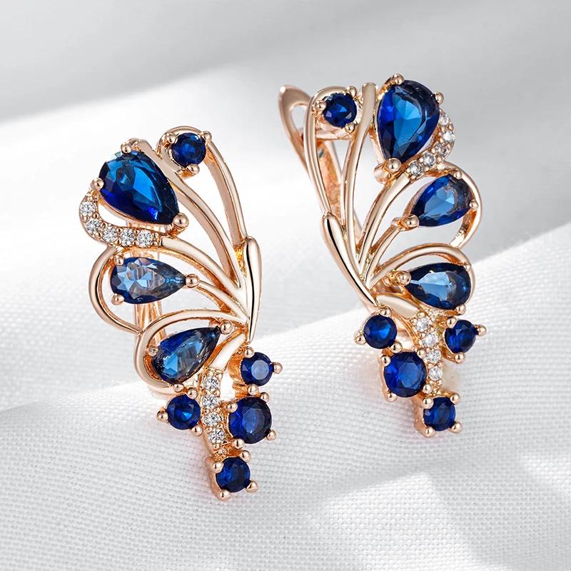 Elegante blaue Zirkon Schmetterling Tropfen Ohrringe für Frauen Rose Gold Farbe ethnische Hochzeit Partei Schmuck gold/blau