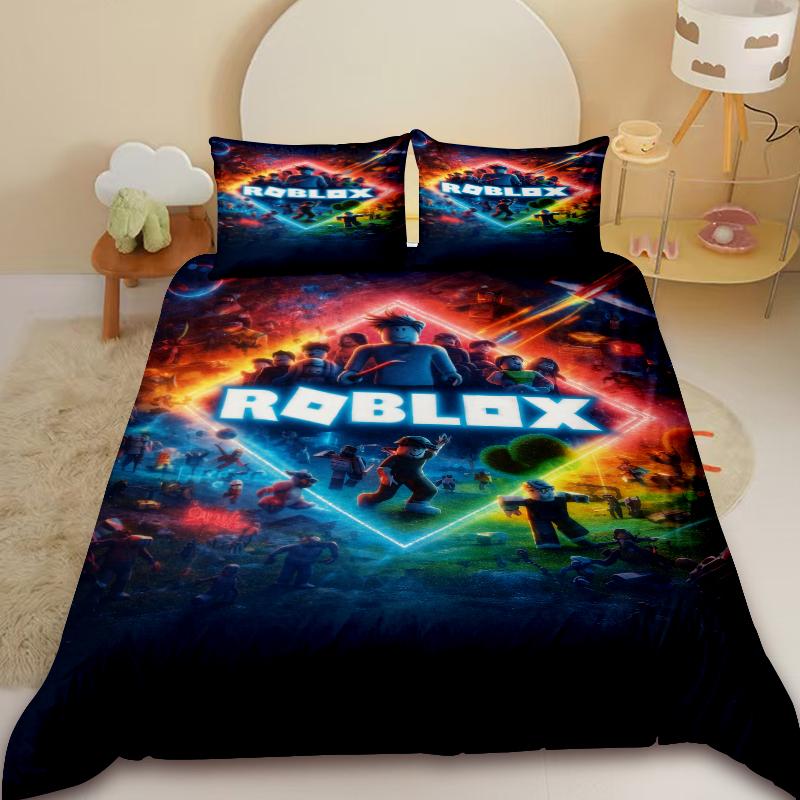 Kinder Cartoon Roblox 3-teiliges Bettbezug-Set Roblox Spiel Kinder-Jugendliche Bettwäsche-Set Anime Hautfreundlich Schlafzimmer Dekoration AU Double 180x210cm