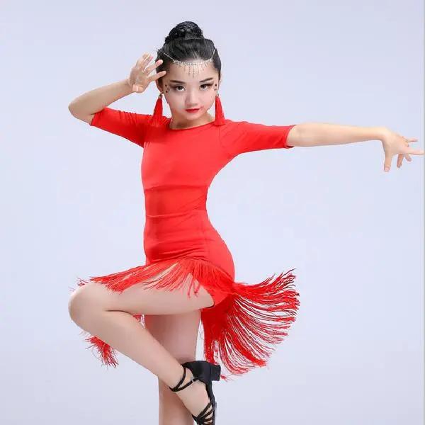 Latein-Tanzkleid, kurzärmeliges, einteiliges Kleid für den lateinamerikanischen Tanz mit Quasten für Damen, Ballsaal, Tango, Cha-Cha-Rumba-Kostüme 130 rot