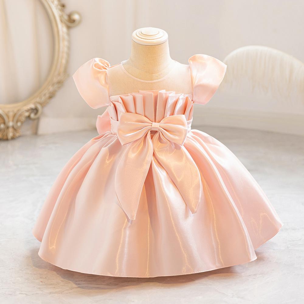 Kinderkleid, Prinzessinnenkleid mit Schleife, Blumendruck, unregelmäßiger Saum 70cm beige
