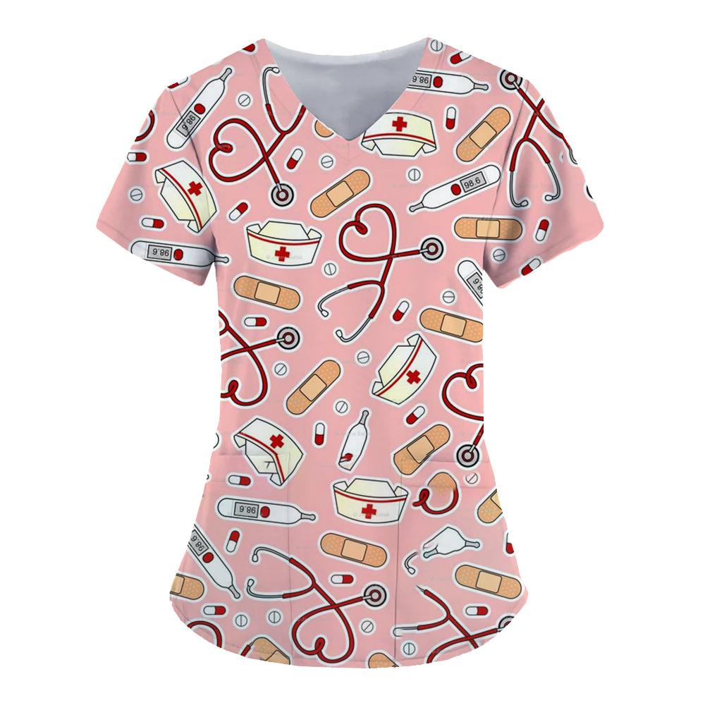 Medizinische Werkzeuge Grafik Gesundheitswesen Uniform Krankenschwester Klinik Krankenpflege Arbeitskleidung Krankenhaus T-Shirt lässig Kurzarm Bluse Frauen Medizin M