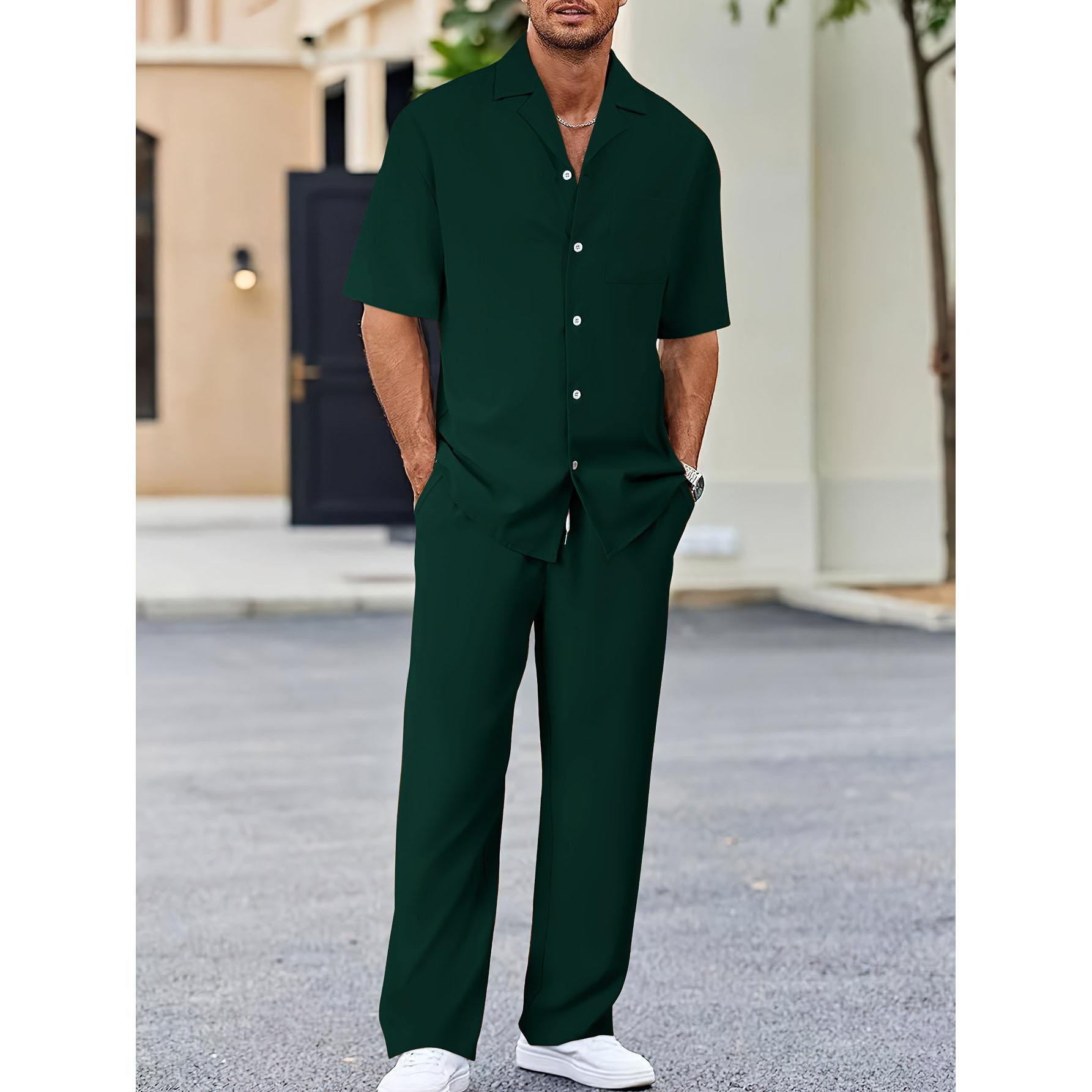 (Hemd+Hose) Sommer Herrenmode Klassisches Hemd Herren Business Casual Shirts Herren Ein Satz Kleidung L dunkelgrüne