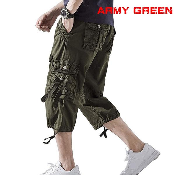 2021 sommer Herren Casual Cargo Kurze Hosen 3/4 Lose Fit Unten Knie Capri Cargo Hosen Baumwolle 40 grün