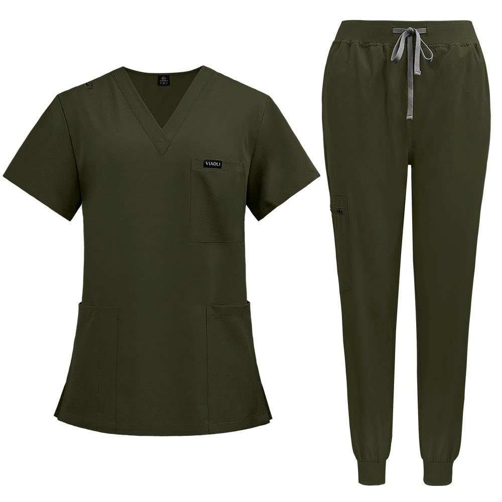 Damen Scrubs Set Joggerhose Henley Zweiteiliges Oberteil und Hose V-Ausschnitt Stretchig Krankenschwester Arbeitsuniform mit Tasche XXL armee grüne