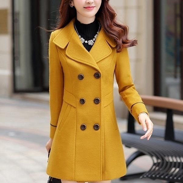 Mode Herbst Winter Frauen Woolen Mäntel Weibliche Mäntel Elegante Woolen Blends Graben Mantel Damen Windjacke Outwear Plus Größe 2XL gelb