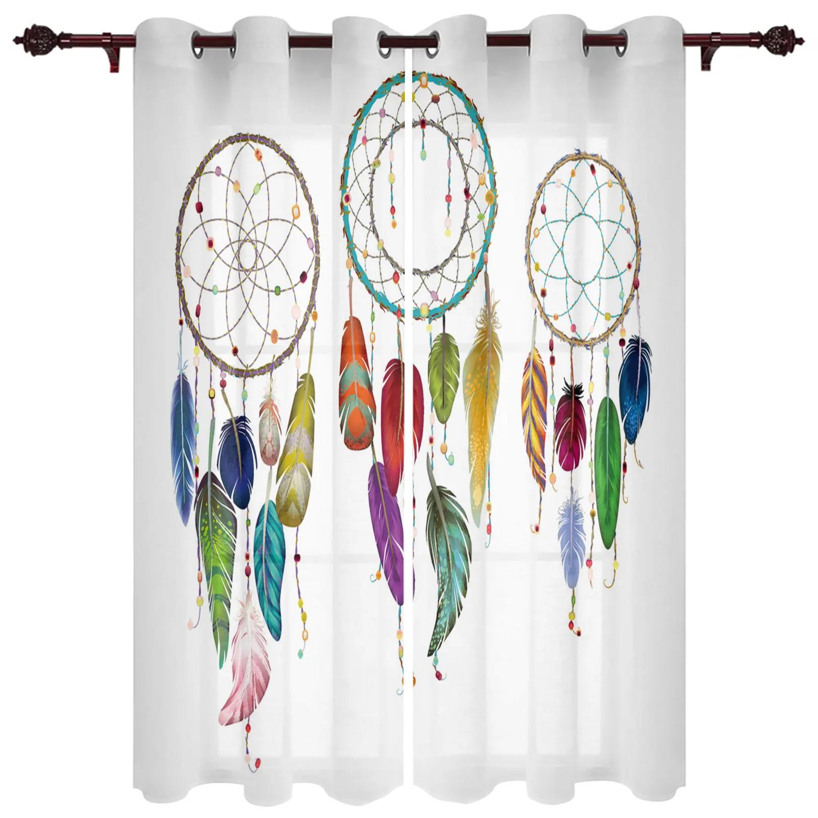 Bohemian Traumfänger Aquarell Feder Design Moderne Fensteröffnung Vorhänge ideal für Wohnzimmer Schlafzimmer Raum Vorhang Schattierungen Gardinen Türvorhänge 100W130H(CM)40x51in&Grommet Top